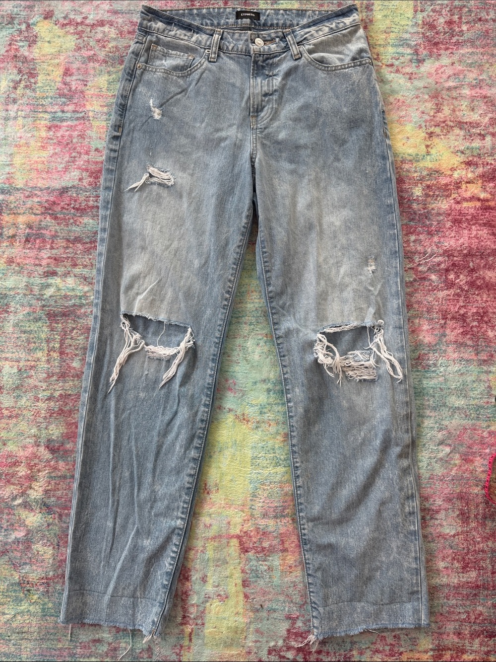 Express Distressed Straight Leg Jeans - Light Blue